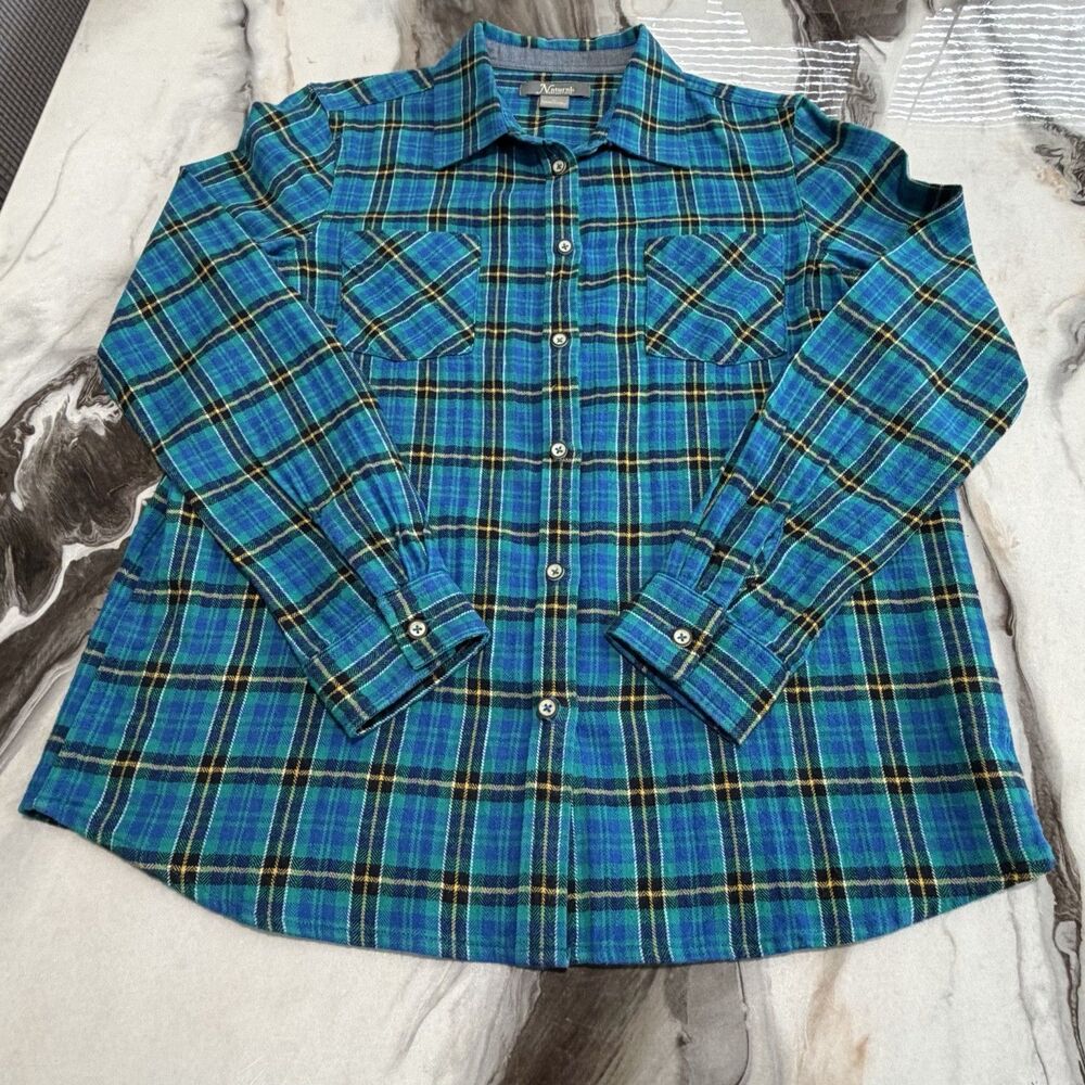 Natural Reflections Women's M Plaid Flannel Shirt Teal Blue Yellow Button Up
